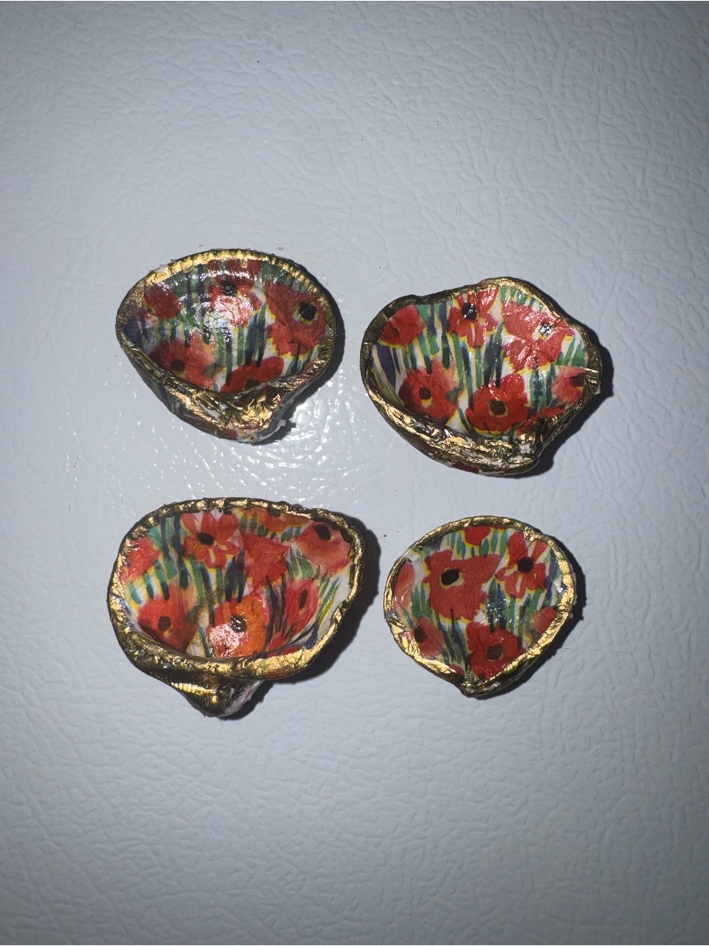 Hand- crafted Red Poppy Decorative shell magnets with Gold Trim - Set of 4